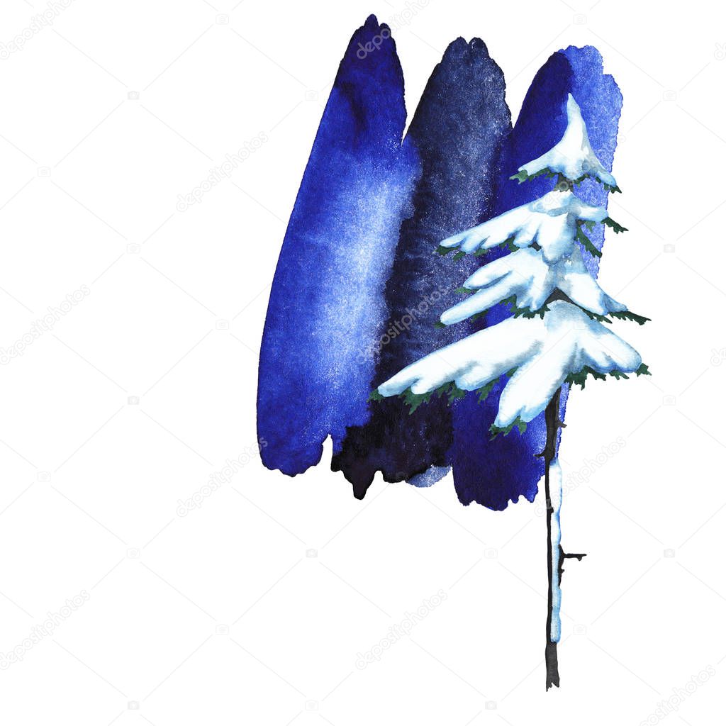 Abstract artistic pattern of snow-covered forest pointed high fir tree on dark blue spot. Watercolor hand painted isolated elements on white background. Theme of winter holidays and outdoors time. 