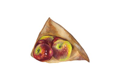 Kağıt pakette büyük, gerçekçi kırmızı elmalar. Olgun mevsimlik meyveler. Suluboya çizimi beyaz arkaplanda izole edildi. Diyet ve vejetaryen taze yemek.. 