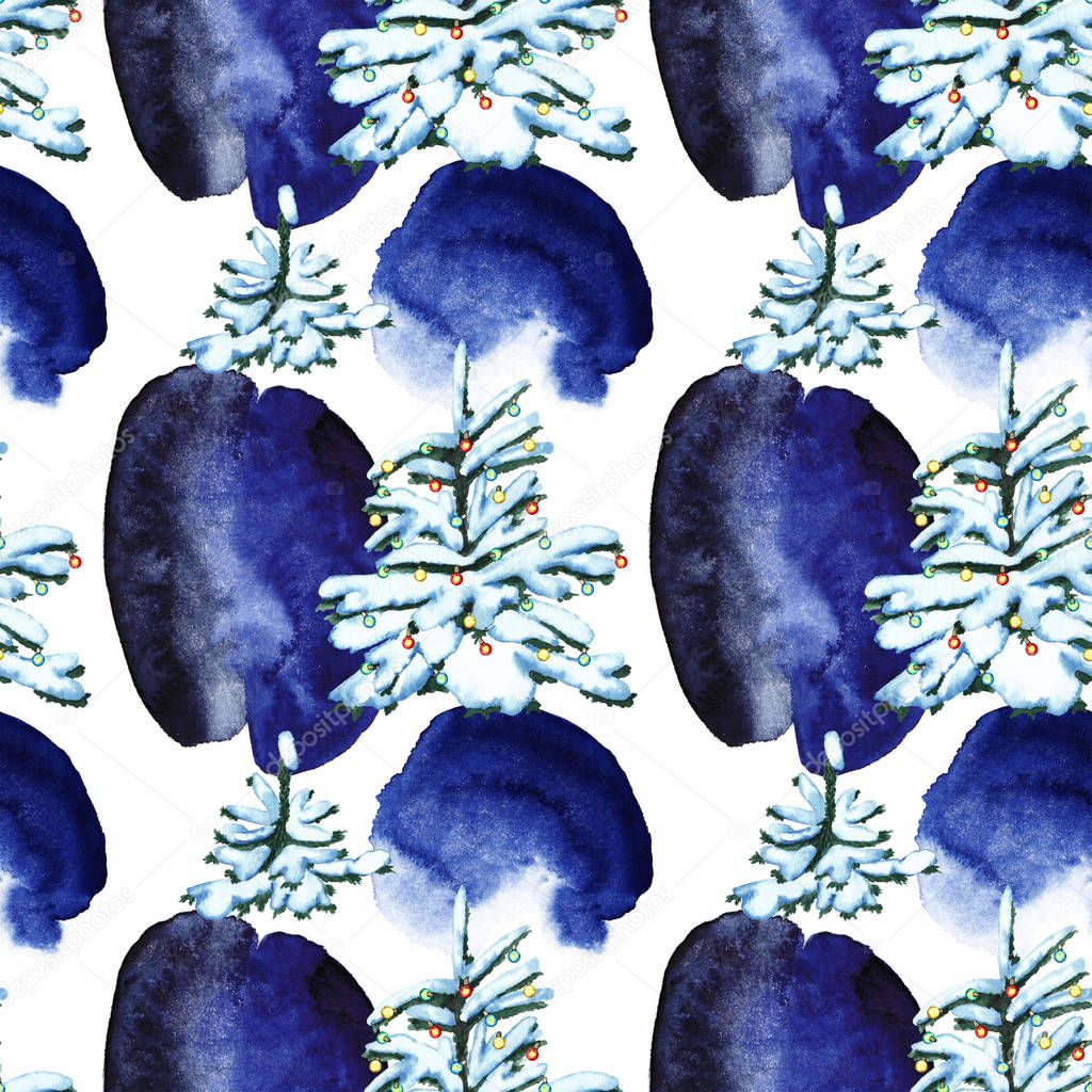 Seamless pattern of fluffy snowy Christmas trees with lighting garlands and dark blue spots. Winter forest theme. Watercolor hand painted isolated elements on white background.