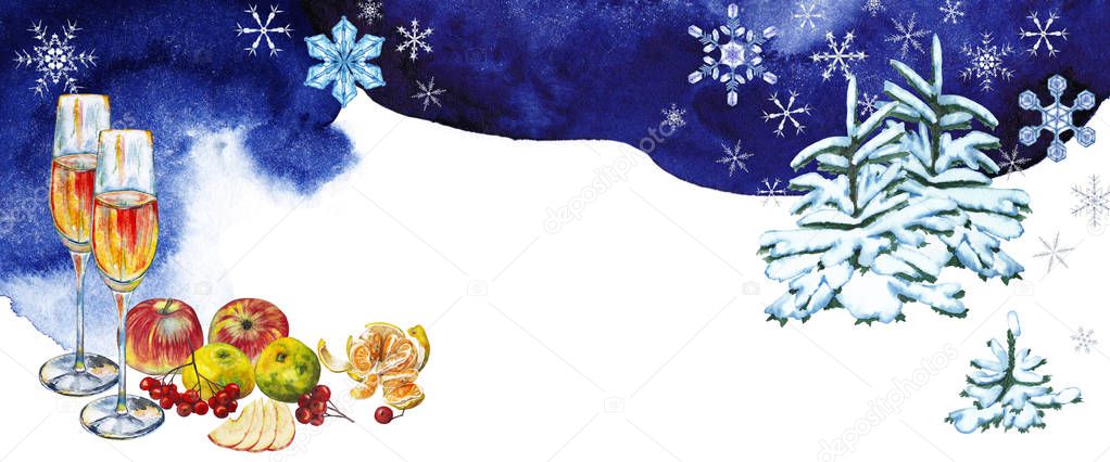 Festive new year banner, invitation to gala dinner, restaurant advertising of  celebration. Bright colorful set of fruits and couple of champagne glasses on blue backdrop with fir trees and snowflakes