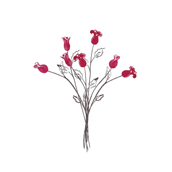 Μπουκέτο Διακοσμητικά Κόκκινα Μίνι Τριαντάφυλλα Μαύρο Μίσχο Φύλλα Απλό Σχέδιο — Φωτογραφία Αρχείου