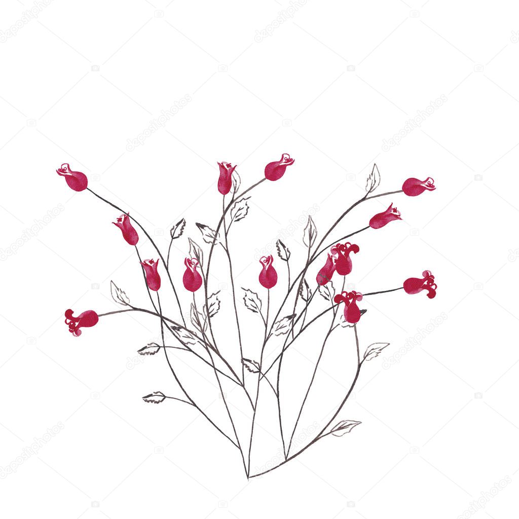 Bush of decorative red mini roses on black stems with leaves. Simple silhouette drawing. Watercolor hand painted elements isolated on white background.