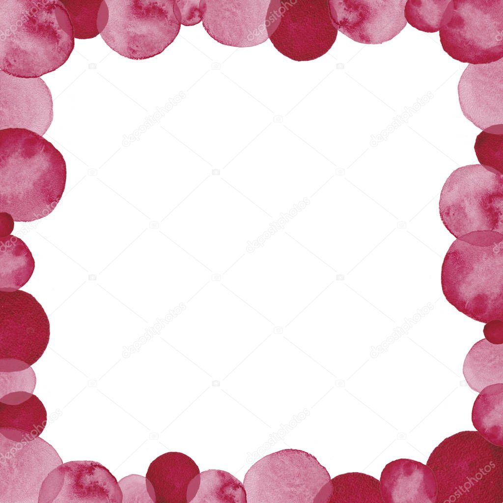 Abstract decorative quadratic frame of red and pink round spots. Watercolor hand painted isolated elements on white background.
