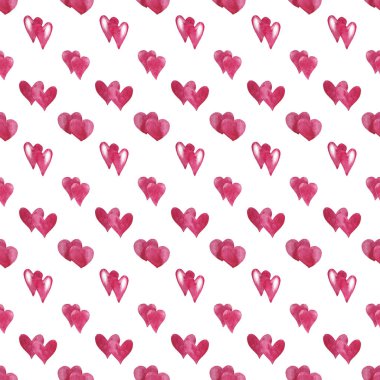 Dekoratif kırmızı çift minik kalplerin kusursuz deseni. Basit bir çizim. Suluboya elle boyanmış elementler beyaz arkaplanda izole edilmiş. 