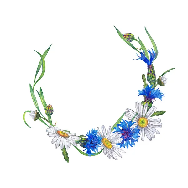 Στρογγυλό Στεφάνι Από Ρεαλιστικό Λευκό Χαμομήλι Κήπου Και Μπλε Άνθη — Φωτογραφία Αρχείου