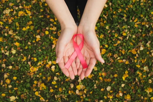 Womans Hands Hold Pink Breast Cancer Awareness Ribbon Fall Foliage — Stock Photo, Image