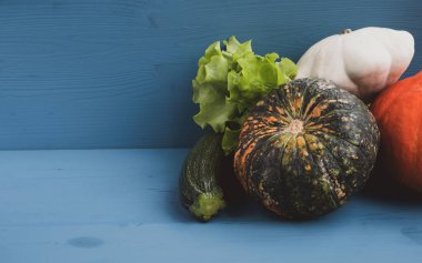 Mavi ahşap masada balkabakları ve sebzeler. Şükran Günü, sonbahar hasadı. Boşluğu kopyala