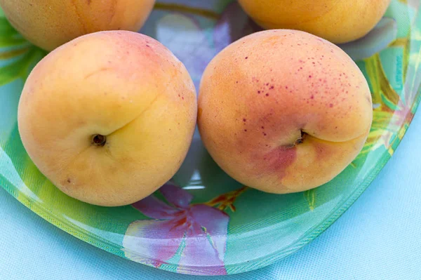 Спелые Большие Персиковые Тарелки Здоровое Питание Органическое Зеленый Фон Здоровый — стоковое фото