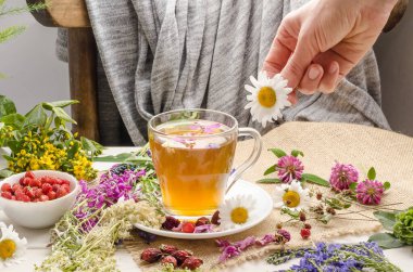 A woman brews herbal tea with chamomile. Tea ceremony. Blooming Sally. clipart