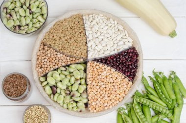 Vejetaryen protein kaynağı. Fasulye, mercimek, bezelye, nohut, fasulye. Beyaz bir masanın en üst görüntüsü. Sağlıklı vejetaryen yemekleri.