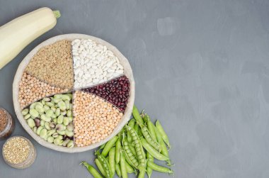 Vejetaryen protein kaynağı. Fasulye, mercimek, bezelye, nohut, baklagil. Gri arkaplanda fotokopi alanı olan üst görünüm. Sağlıklı vejetaryen yemekleri.