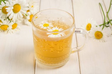 Şeffaf cam bardakta papatya çayı. Beyaz ahşap arka planda yakın plan.