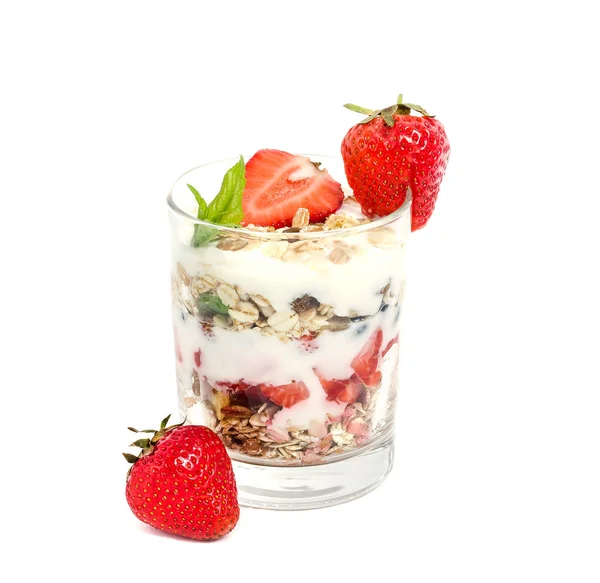 Muesli Yogurt Fresh Strawberries Glass Isolated White Background — Stock Photo, Image