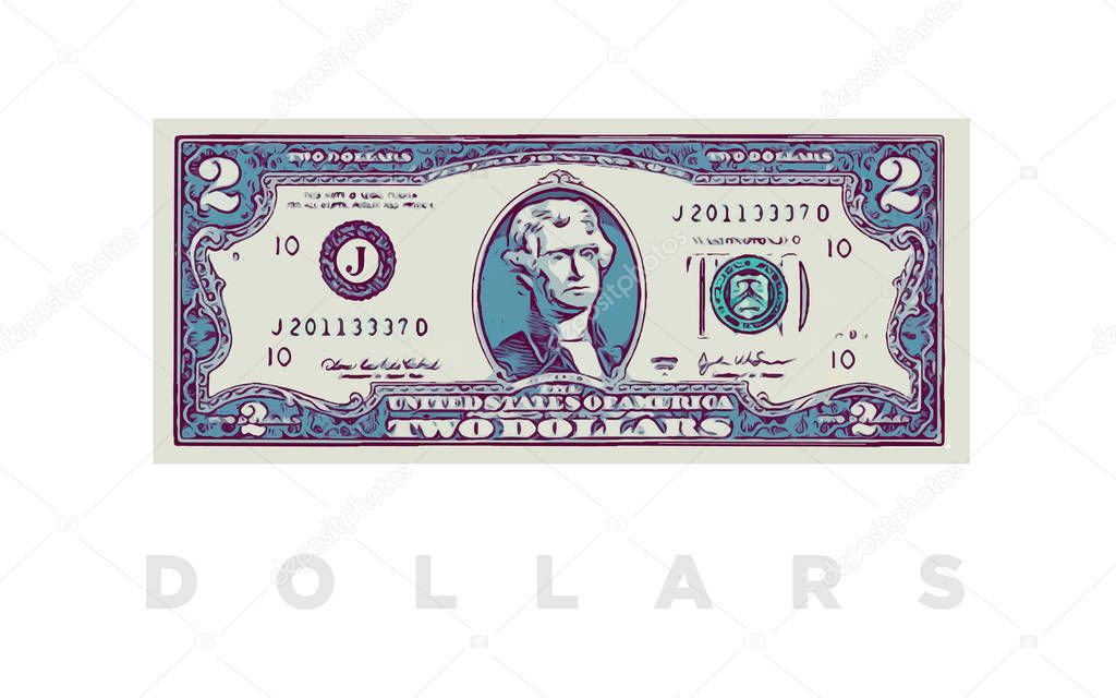 2 Dollars money comics paper banknotes of USA - vector business art illustration