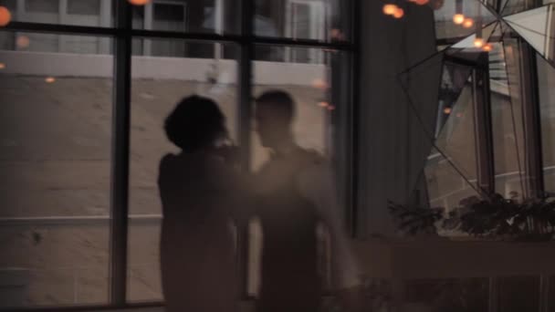 Fosforlu Kadın Erkek Siluetleri Karanlık Bir Odadaki Pencerenin Arka Planında — Stok video