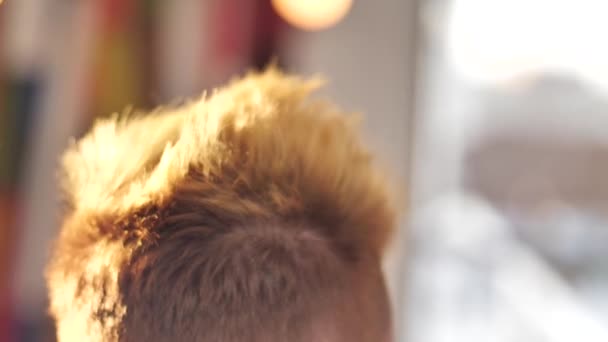 Penteado Elegante Cabelo Amarelo Vermelho Homem Olha Direções Diferentes Fundo — Vídeo de Stock