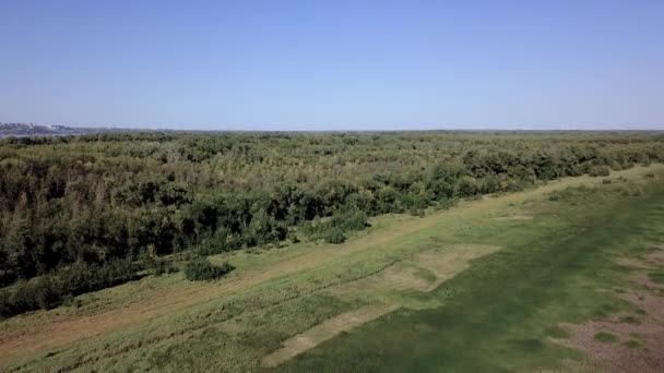 Drone Voa Sobre Campo Sobre Estrada País Seguida Sobre Topos — Vídeo de Stock
