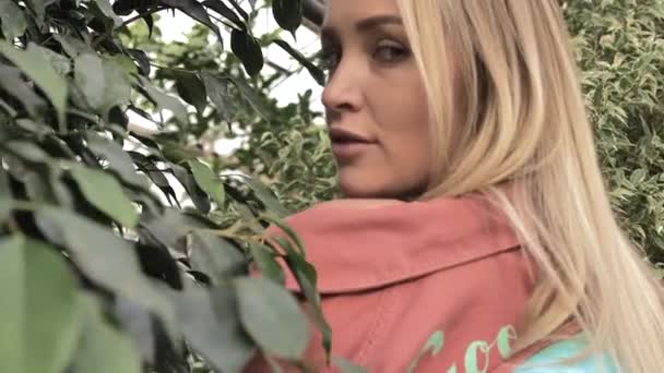 Молодая Красивая Блондинка Хитро Смотрит Сквозь Листья Фикуса Камеру Отворачивается — стоковое видео