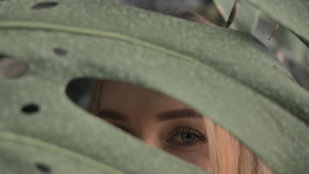 Vacker grönögda blondin tittar på kameran i en tropisk skog — Stockvideo