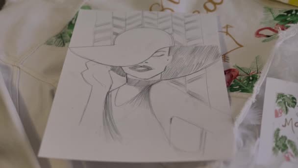 Croquis Une Dame Élégante Dans Chapeau Une Robe Dessiné Avec — Video