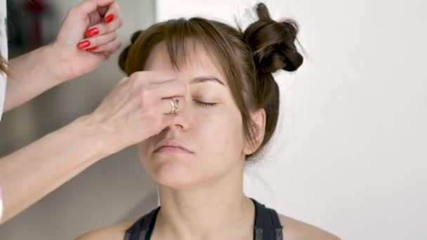 Maquillaje Artista Hace Maquillaje Una Hermosa Joven Morena Caucásica Primer — Vídeos de Stock