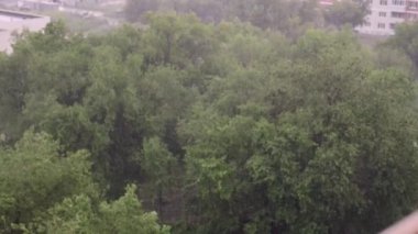 Kar yağışı ve yaz aylarında şiddetli yağmur. Arka planda yeşil ağaçlar, çimenler, patika lar var. Yukarıdan görüntüleyin. Anormal doğal fenomen. Yavaş çekim.