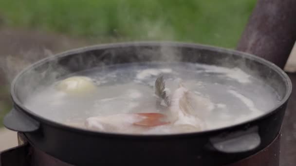 Memasak Sup Ikan Luar Ruangan Permukaan Busa Air Dan Uap — Stok Video