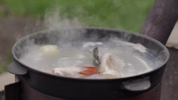 Cooking Fish Soup Outdoors Surface Water Foam Plentiful Steam Close — Stock Video