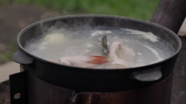 Cucina Zuppa Pesce All Aperto Sulla Superficie Della Schiuma Acqua — Video Stock