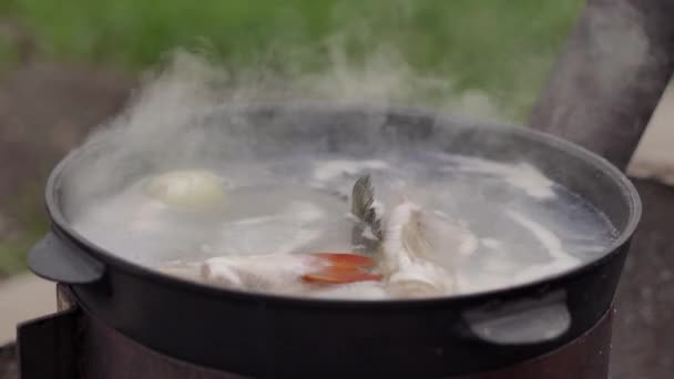 Cooking Fish Soup Outdoors Surface Water Foam Plentiful Steam Close — Stock Video