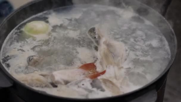 Cooking Fish Soup Outdoors Surface Water Foam Plentiful Steam Close — Stock Video