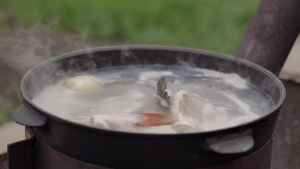 Кулинарный Рыбный Суп Открытом Воздухе Поверхности Водяной Пены Обильного Пара — стоковое видео