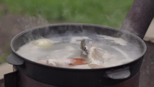 Cooking Fish Soup Outdoors Surface Water Foam Plentiful Steam Close — Stock Video