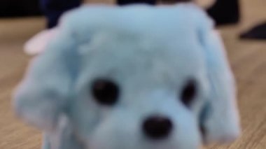 Çocukların yumuşak oyuncak saat köpek, mavi, gelir ve odak dışında, yerde komik hamle, yakın çekim