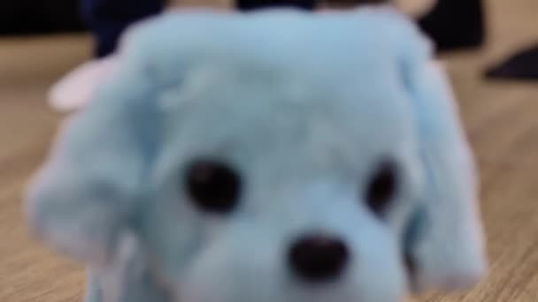 子供の柔らかいおもちゃの時計の犬 焦点の出入り 床の上に面白い動き クローズアップ — ストック動画