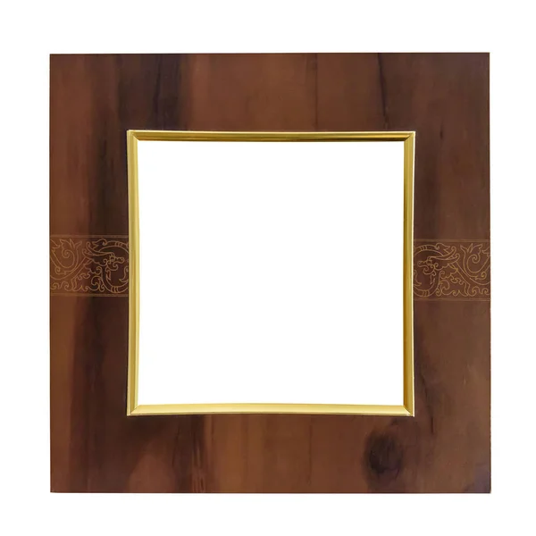 Square Wooden Picture Frame Golden Decorations Isolated White Background Clipping — Stock Photo, Image