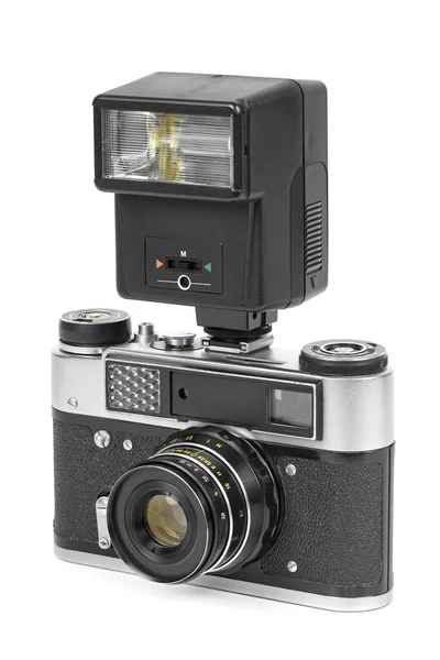 Vintage Analogkamera Mit Manuellem Blitzlicht Isoliert Auf Weißem Hintergrund Mit — Stockfoto