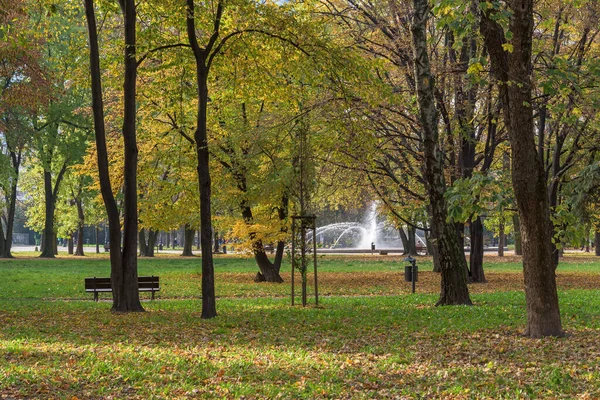 Vue Automne Fontaine Dans Parc Swietokrzyski Varsovie Pologne — Photo