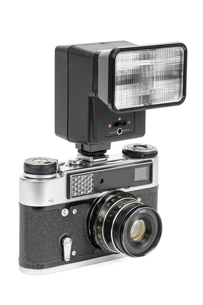 Vintage Analogkamera Mit Manuellem Blitzlicht Isoliert Auf Weißem Hintergrund Mit — Stockfoto