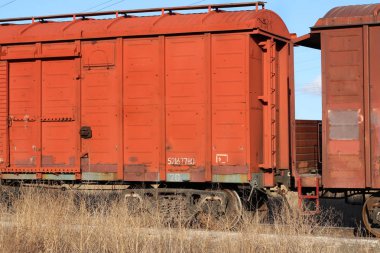 İki bağlantılı eski paslı yük arabaları ön planda kuru bitki örtüsü üzerinde stand