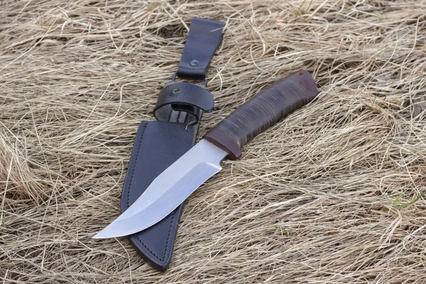 tourist knife on dry grass, hunting knife, killing, knife found, cold arms