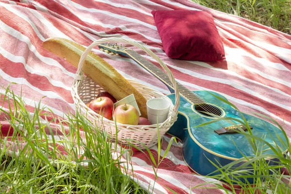 summer picnic basket with apples and guitar lie on a plaid with pillows heat