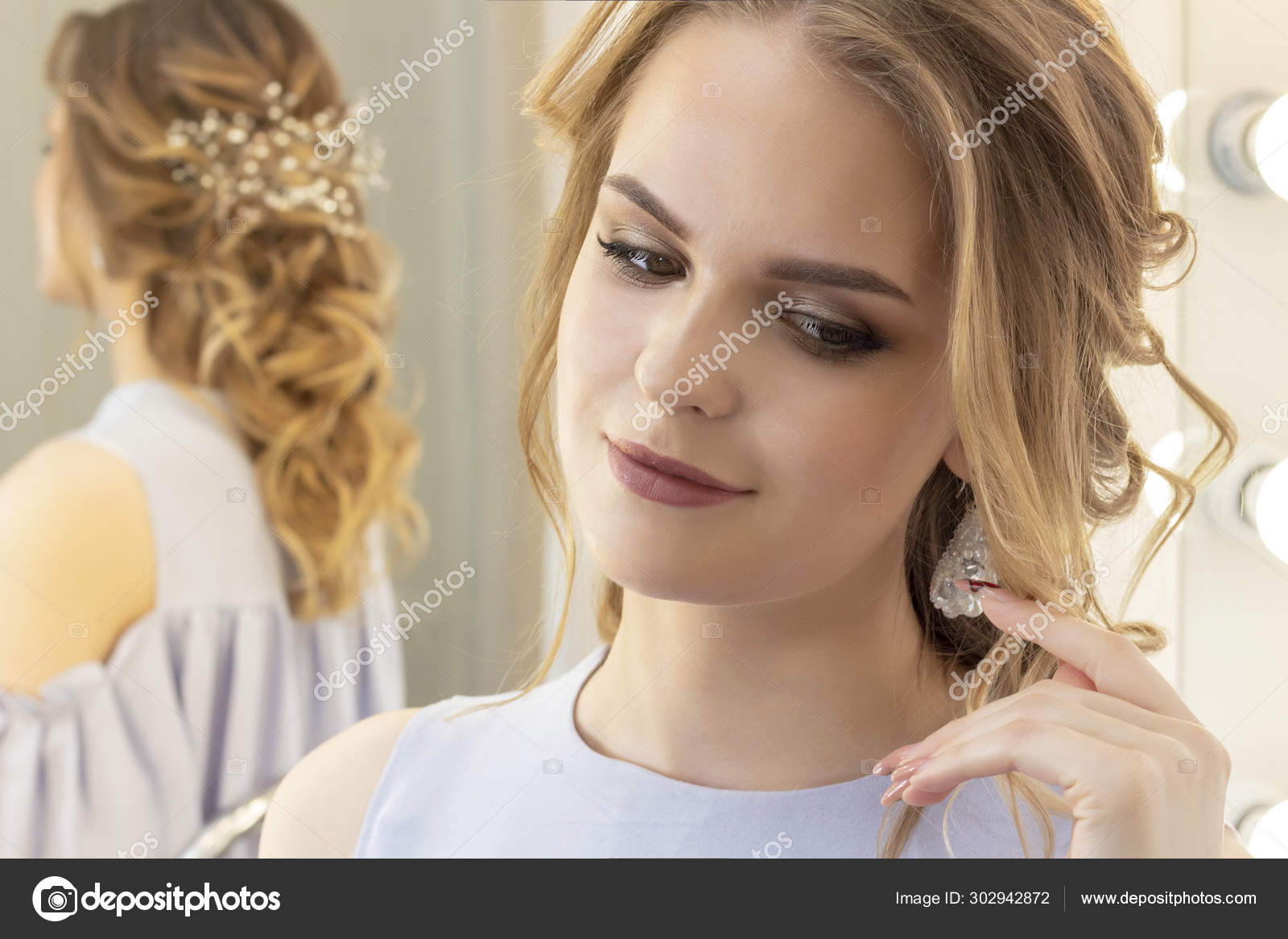 Beautiful Girl Wedding Hairstyle Looks Herself Mirror Portrait