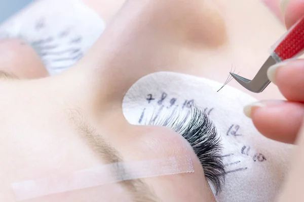 Eyelash extension procedure. Beautiful woman with long eyelashes in a beauty salon. Eyelashes close up. tweezers in the hands of the master