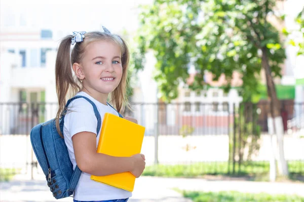 Gelukkig Schoolmeisje Met Een Leerboek Haar Handen — Stockfoto