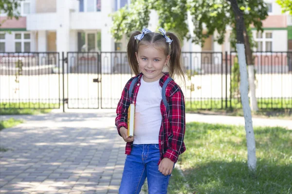 Gelukkig Schoolmeisje Met Een Leerboek Haar Handen — Stockfoto