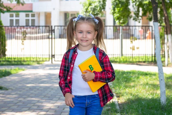 Gelukkig Schoolmeisje Met Een Leerboek Haar Handen — Stockfoto