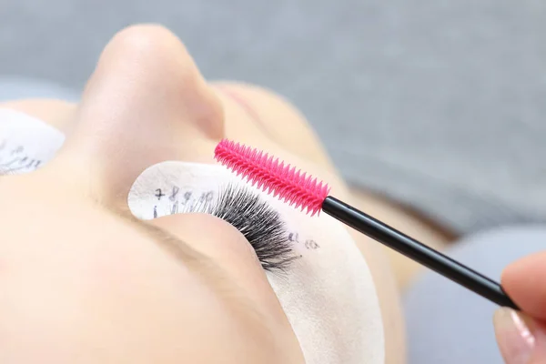 Eyelash extension procedure. Beautiful woman with long eyelashes in a beauty salon. Eyelashes close-up. brush in the hands of the master