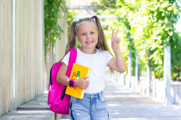 Skolflicka Står Med Ryggsäck Och Lärobok Kopieringsutrymme — Stockfoto