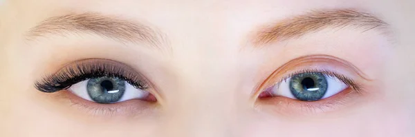 Eyelash extensions. Closeup of eyes with extended eyelashes and without extended eyelashes, white girl. before and after